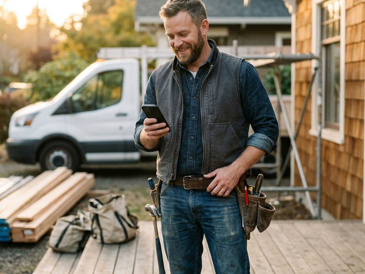 A small-business contractor reviewing their verified profile on a phone at a California job site