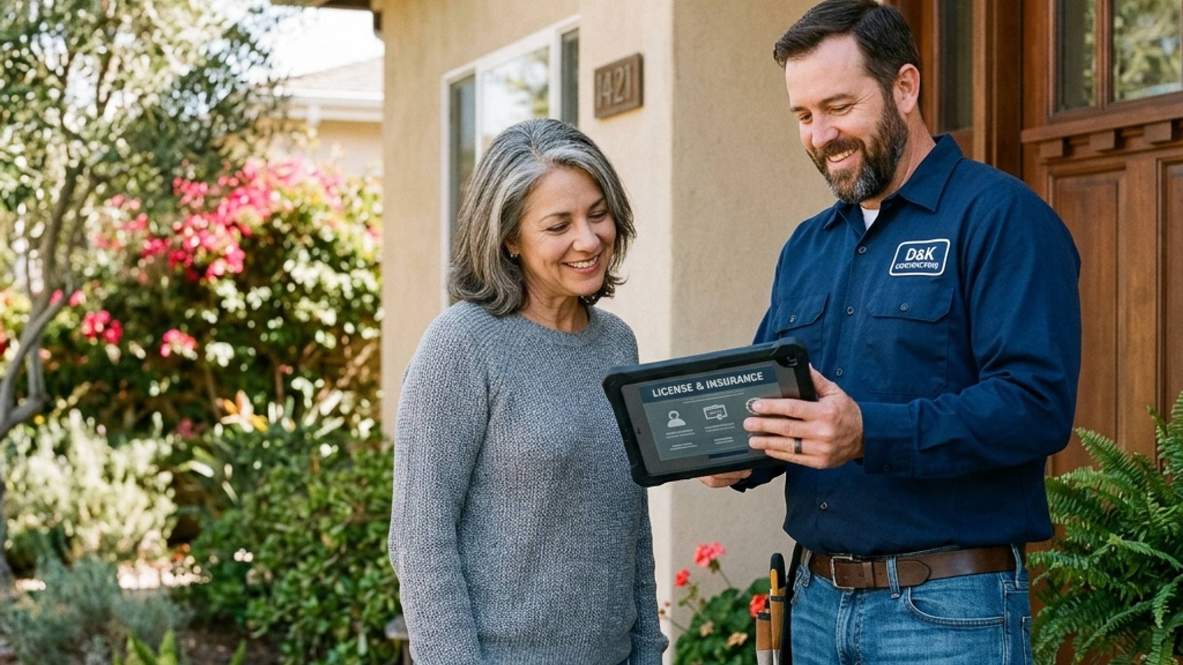 A California homeowner and a licensed contractor reviewing the contractor's CSLB license on a tablet at the front door of a suburban home