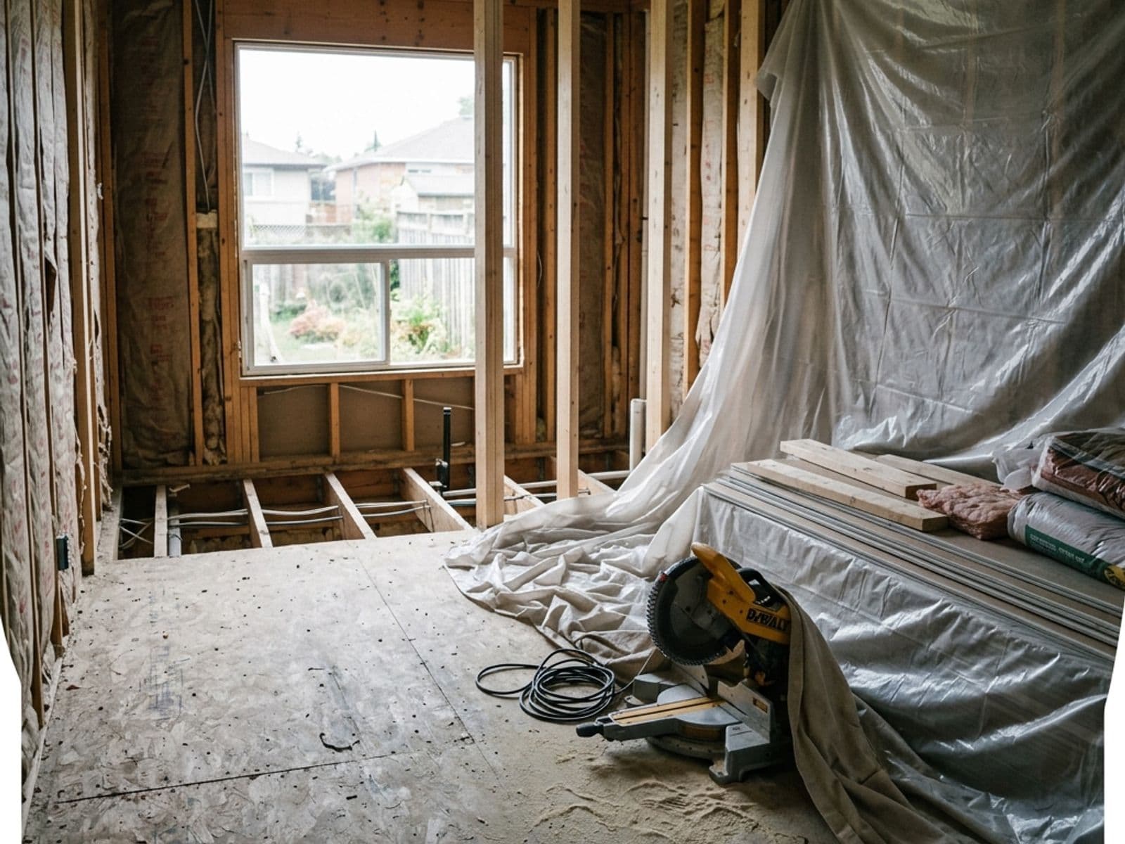 A half-finished, abandoned home remodeling project left behind by an unlicensed contractor